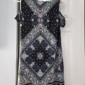 Emma & Michele Black Cold-Shoulder Midi Dress with Pastel Floral Bandana Print